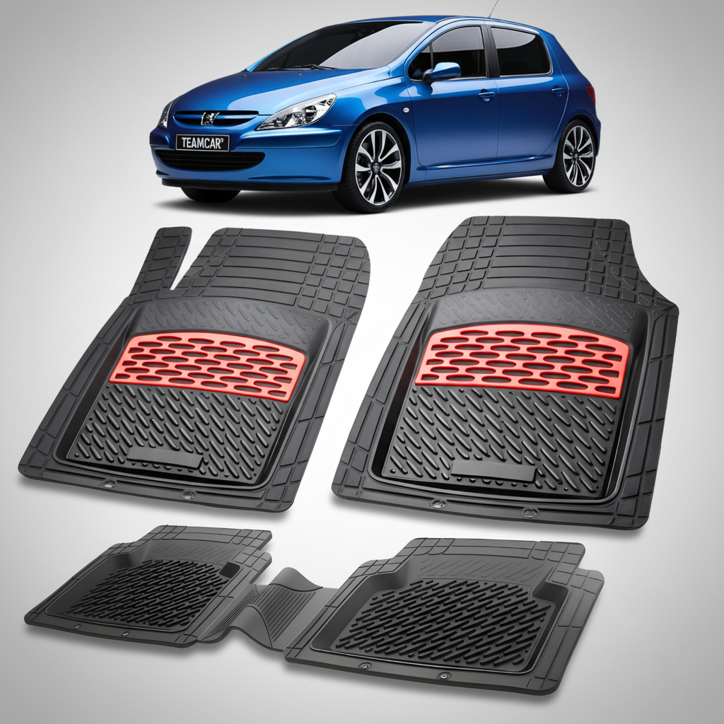 Set of car floor mats with red accents on a white background, featuring a blue car.