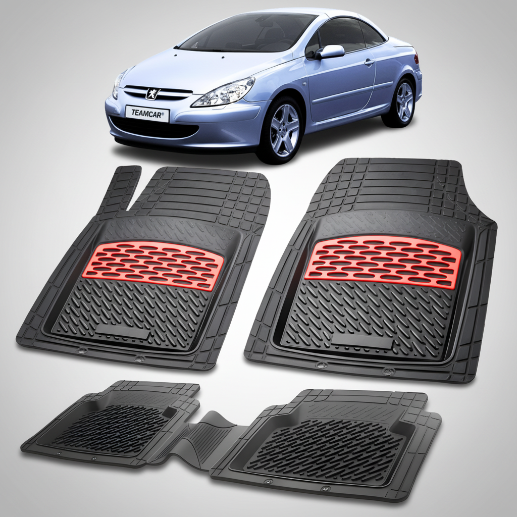 Set of car floor mats with red accents on a white background, featuring a blue car.
