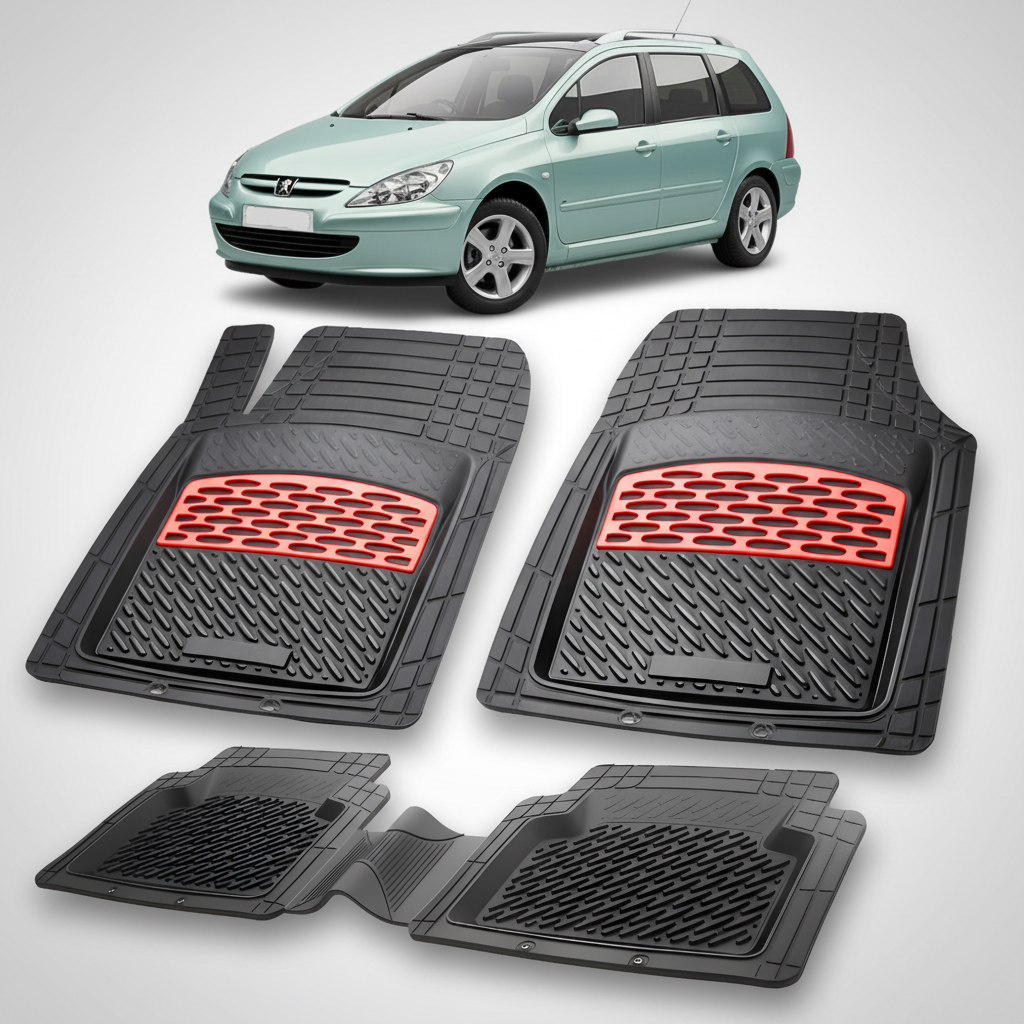 Set of black car floor mats with red accents on a white background, displayed with a light blue car.