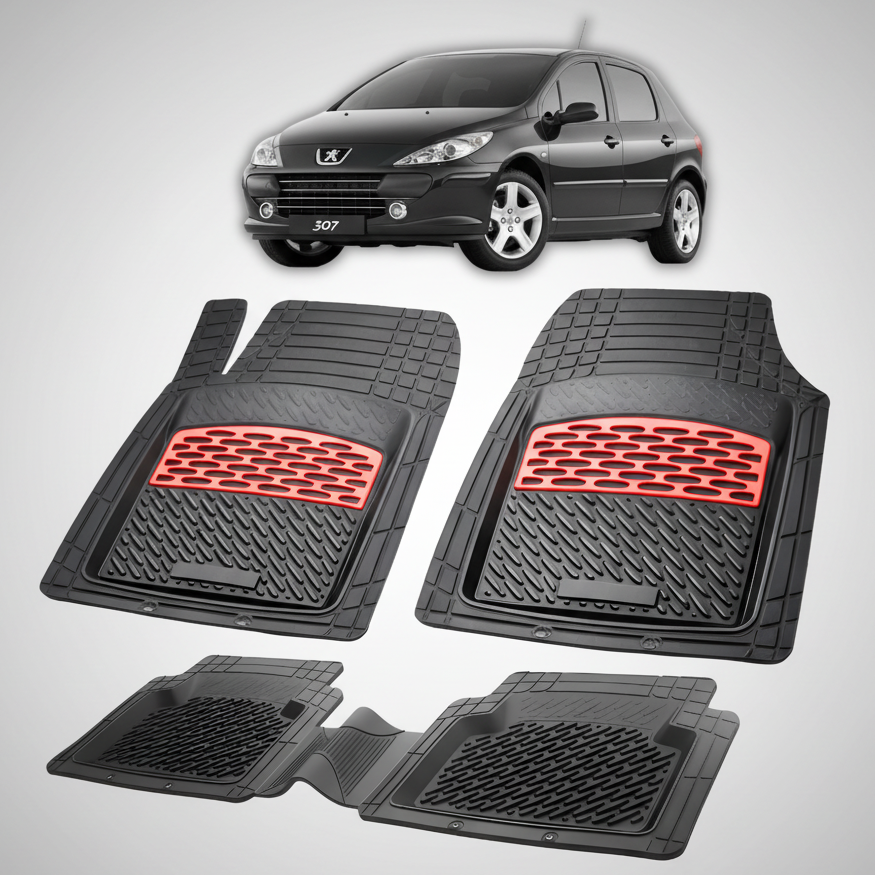 Set of black car floor mats with red accents on a white background, featuring a Peugeot 307 car.