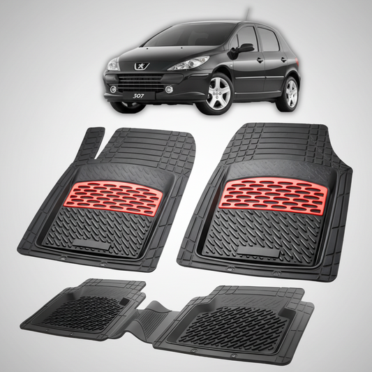 Set of black car floor mats with red accents on a white background, featuring a Peugeot 307 car.