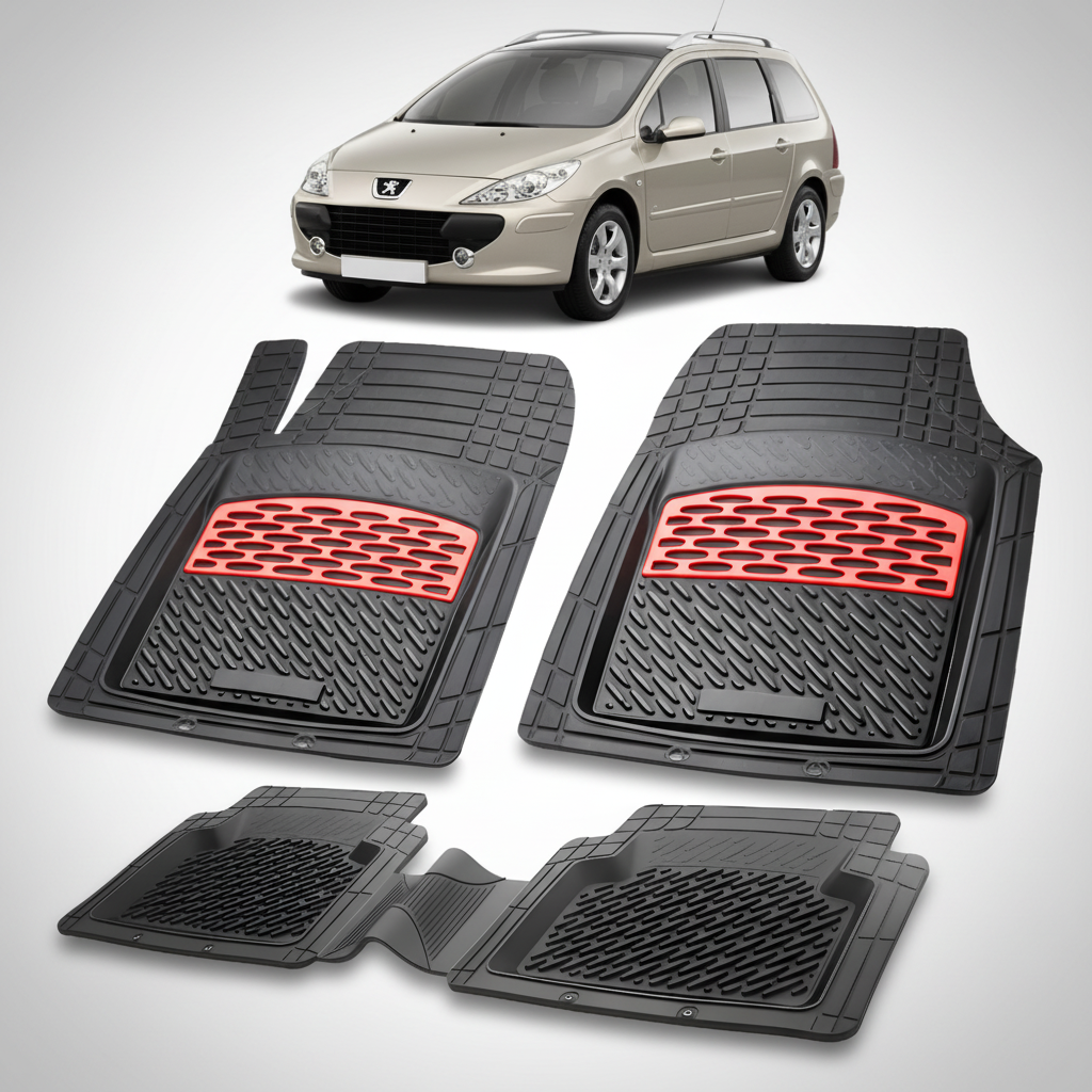 Set of car floor mats with red accents on a white background, featuring a Peugeot car.