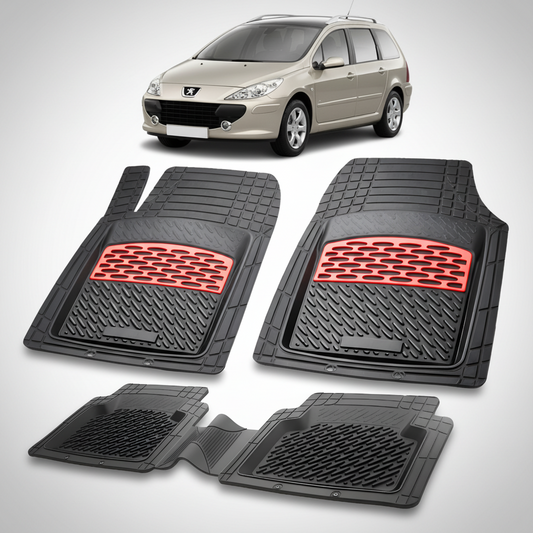 Set of car floor mats with red accents on a white background, featuring a Peugeot car.
