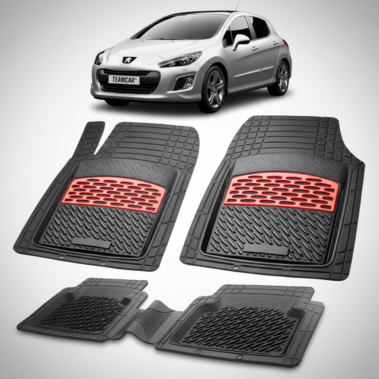 Set of black car floor mats with red accents on a white background, featuring a car model below.