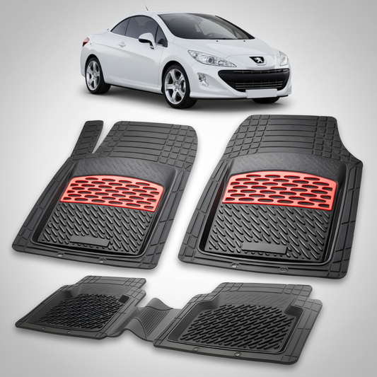 Set of car floor mats with red accents on a white background, featuring a white car.