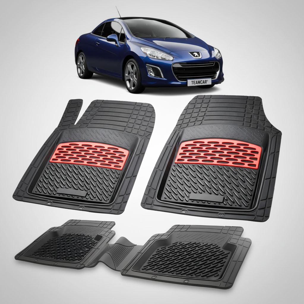 Set of black car floor mats with red accents on a white background, featuring a blue car at the top.