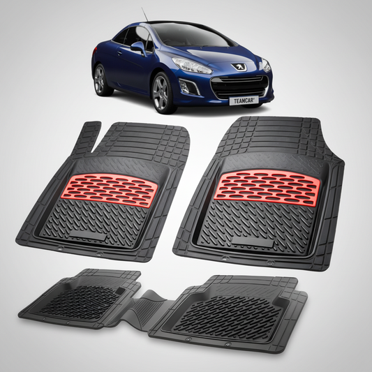 Set of black car floor mats with red accents on a white background, featuring a blue car at the top.