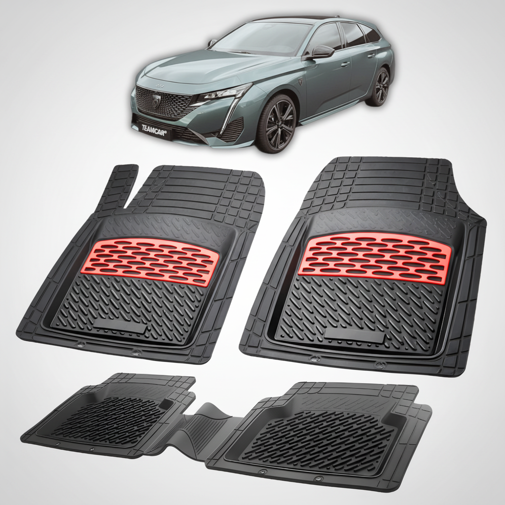 Set of black car floor mats with red accents on a white background, featuring a car model in the top corner.