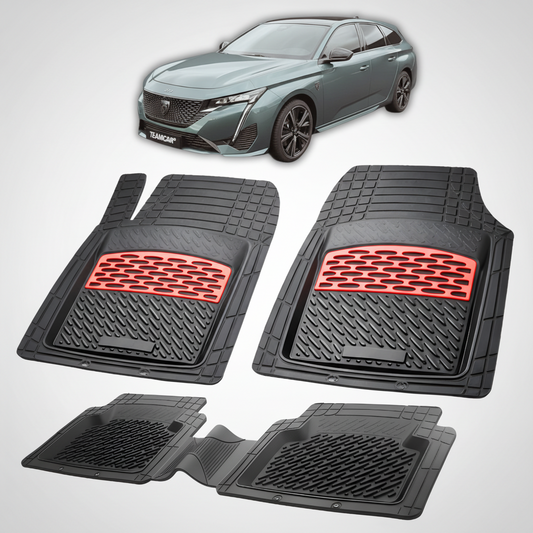 Set of black car floor mats with red accents on a white background, featuring a car model in the top corner.