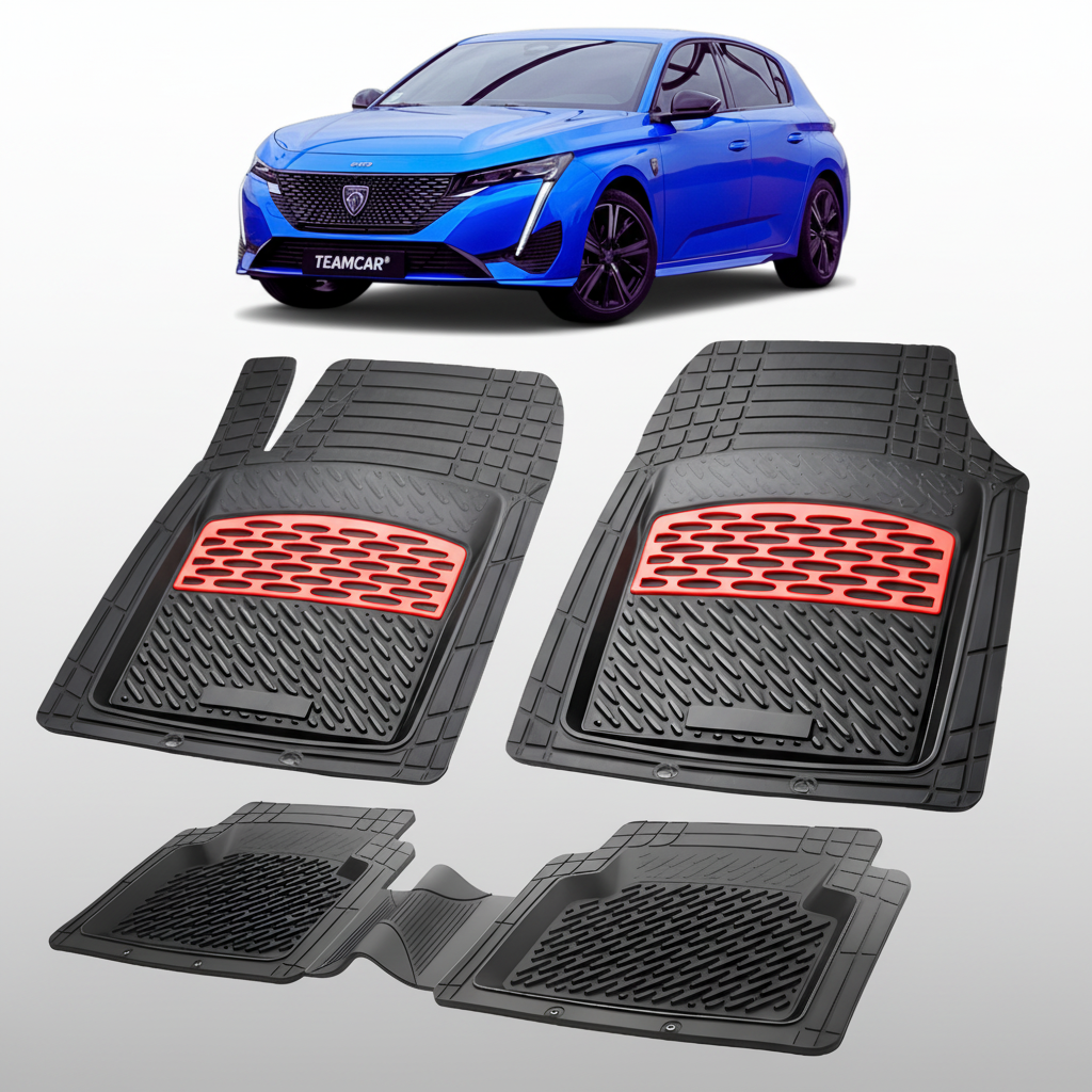 Set of black car mats with red accents on a white background, featuring a blue car at the top.