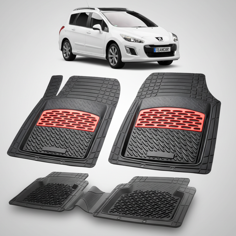 Set of black car floor mats with red accents on a white background, featuring a white car.