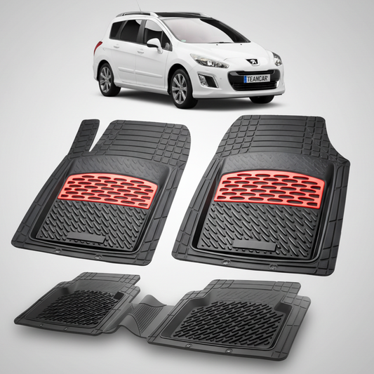 Set of black car floor mats with red accents on a white background, featuring a white car.