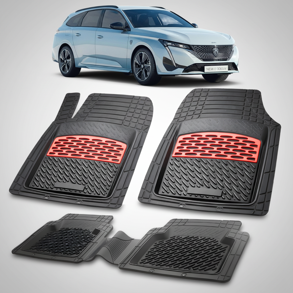 Set of car floor mats with red honeycomb pattern on a white background, featuring a light blue car.