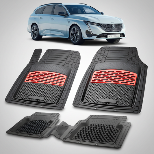 Set of car floor mats with red honeycomb pattern on a white background, featuring a light blue car.