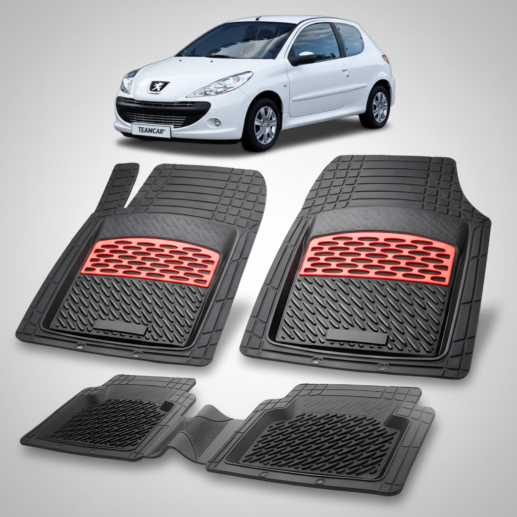 Set of black car floor mats with red accents on a white background, featuring a white car.