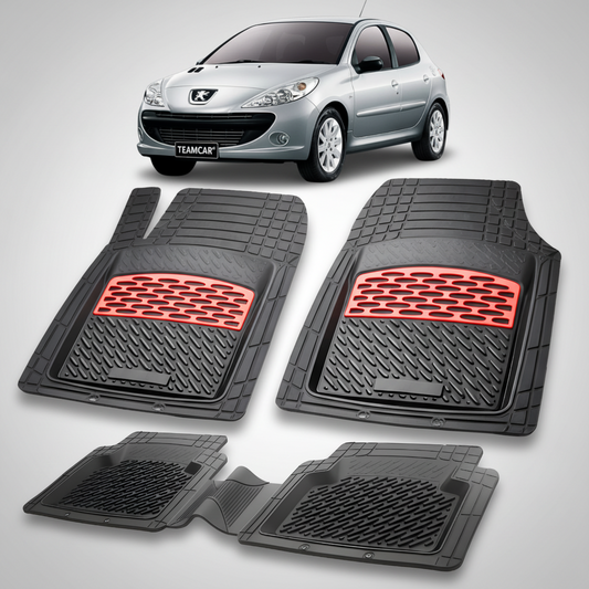 Set of black car floor mats with red accents on a white background, featuring a silver car.