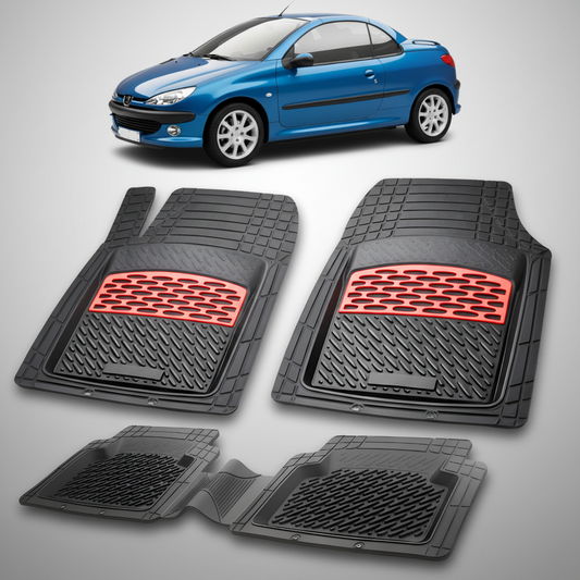 Set of black car mats with red accents on a white background, featuring a blue car.