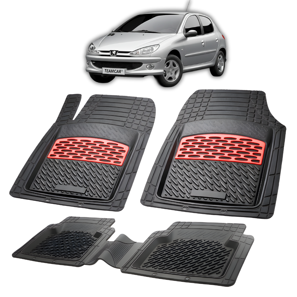 Set of black car floor mats with red accents on a white background, featuring a Peugeot car.