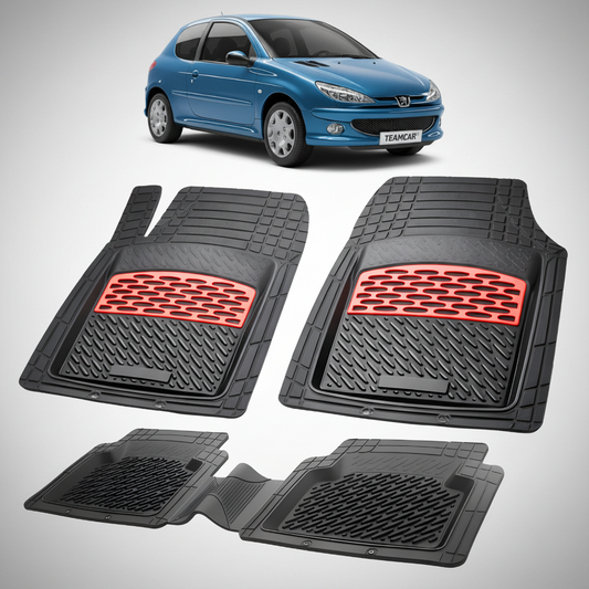 Set of black car floor mats with red accents on a white background, featuring a blue car at the top.