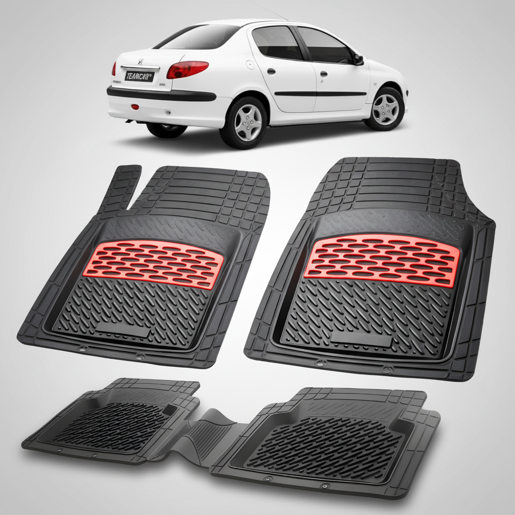 Set of black car floor mats with red accents on a white background, featuring a white car.