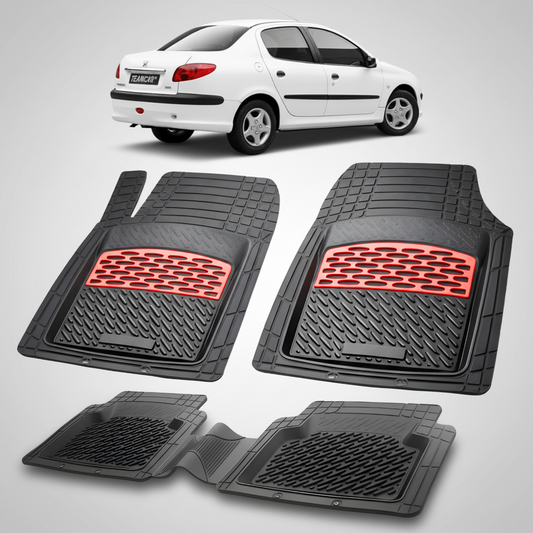 Set of black car floor mats with red accents on a white background, featuring a white car.