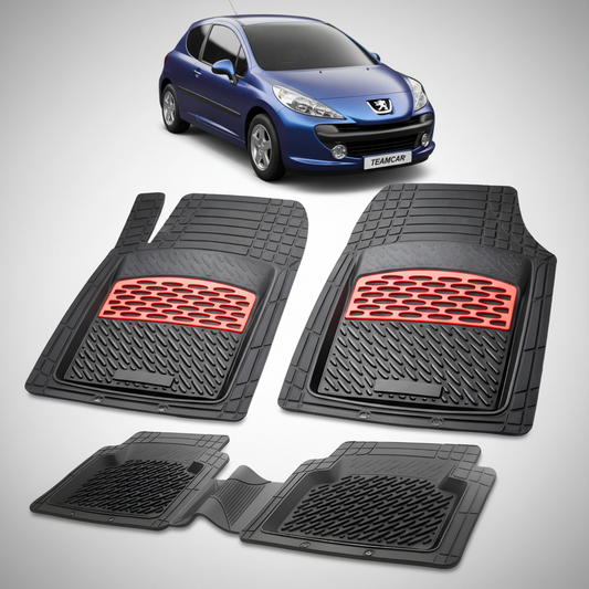 Set of black car floor mats with red accents on a white background, featuring a blue car.
