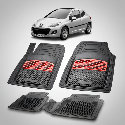Set of black car floor mats with red accents on a white background, featuring a Peugeot car.
