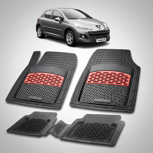 Set of black car floor mats with red accents on a white background, featuring a gray car.