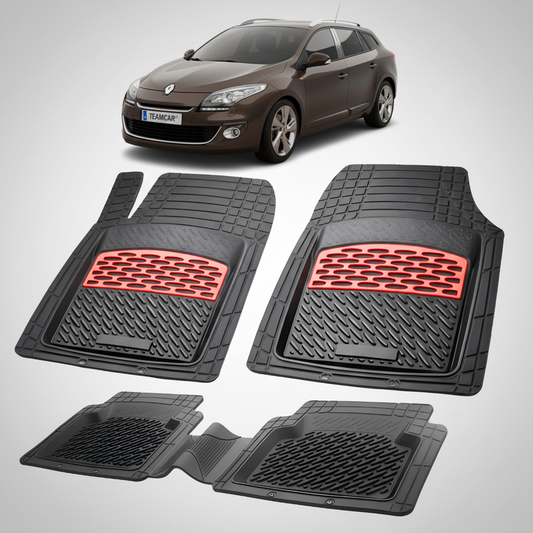 Set of black car floor mats with red accents on a white background, featuring a car in the top corner.