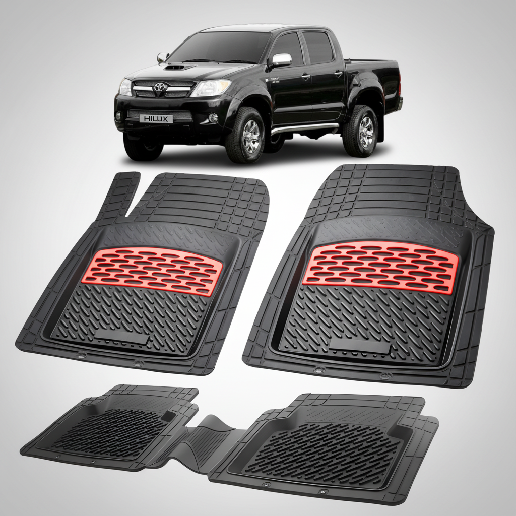 Set of black car floor mats with red accents on a white background, featuring a Toyota Hilux.