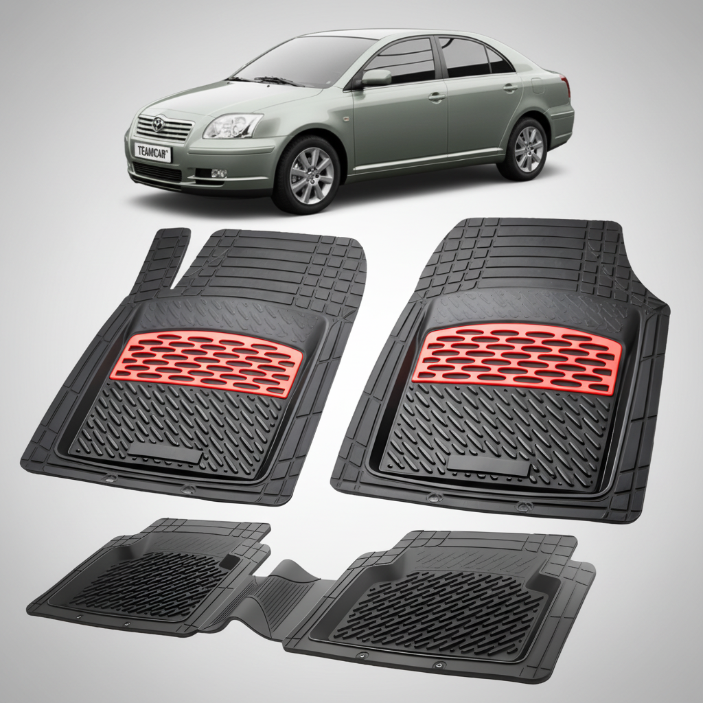 Set of black car floor mats with red accents on a white background, featuring a silver car.