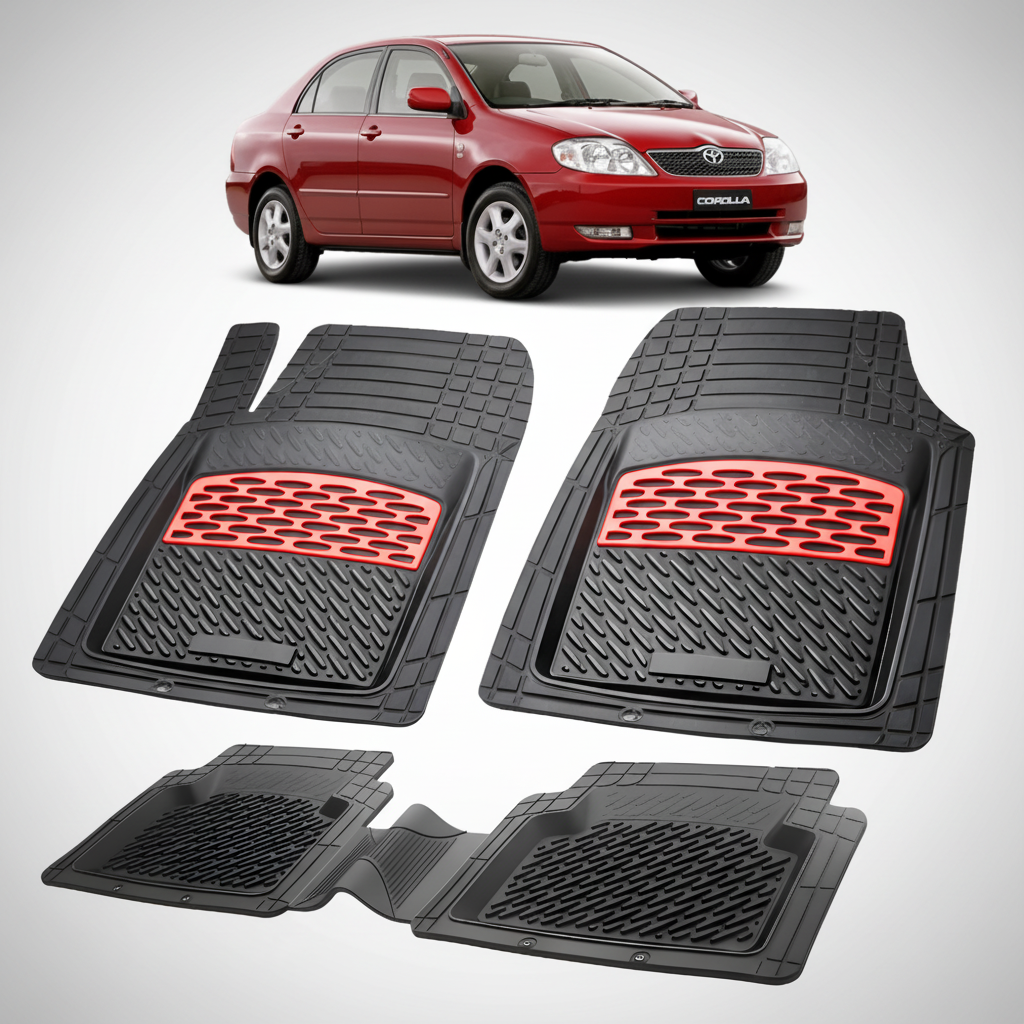 Set of black car floor mats with red accents on a white background, featuring a red Toyota Corolla.