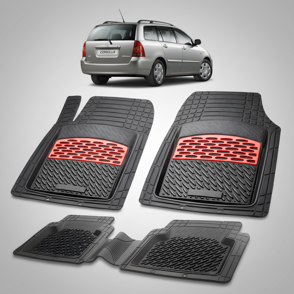 Set of black car floor mats with red accents on a white background, featuring a silver Toyota Corolla.
