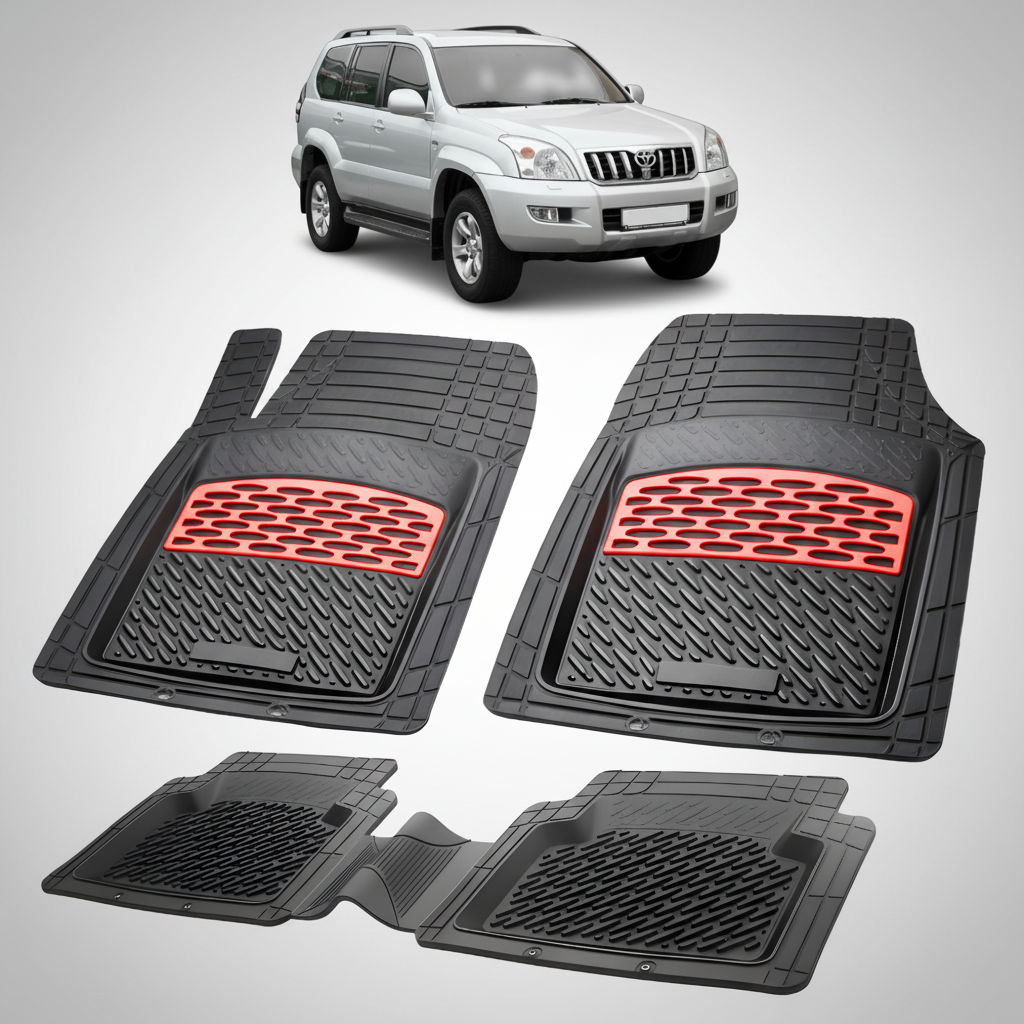 Set of black car floor mats with red accents on a white background, featuring a Toyota SUV.