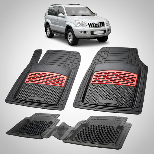 Set of black car floor mats with red accents on a white background, featuring a Toyota SUV.