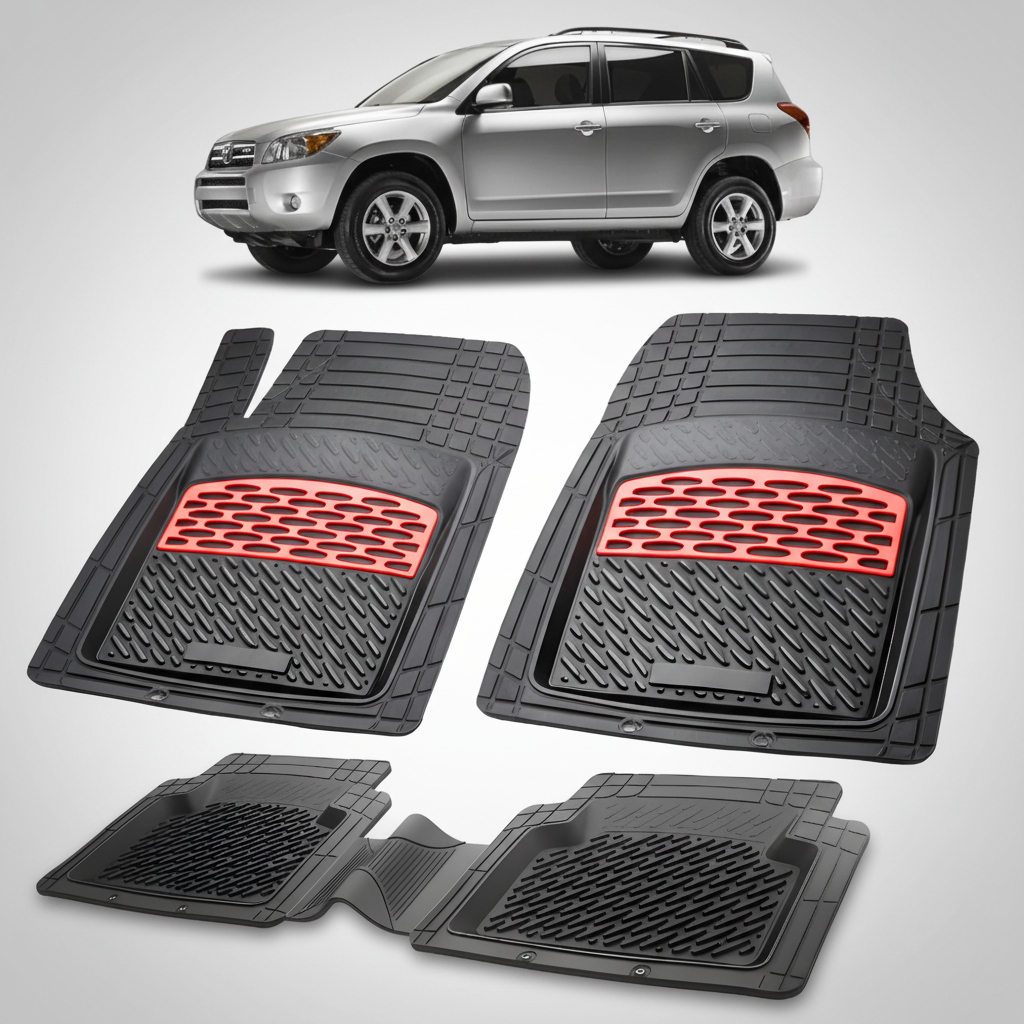 Set of black car floor mats with red accents on a white background, featuring a silver SUV.