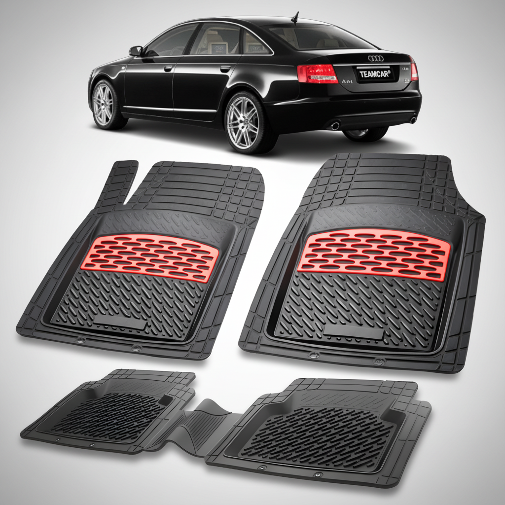 Set of black car floor mats with red accents on a white background, featuring a black Audi car.