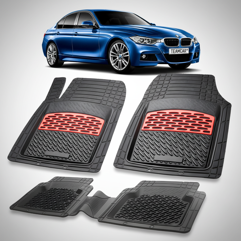 Set of black car floor mats with red accents on a white background, featuring a blue car.