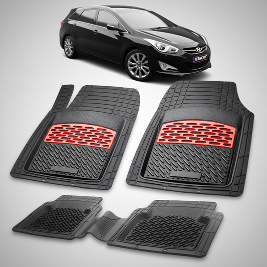 Set of black car mats with red accents on a white background, featuring a black car.
