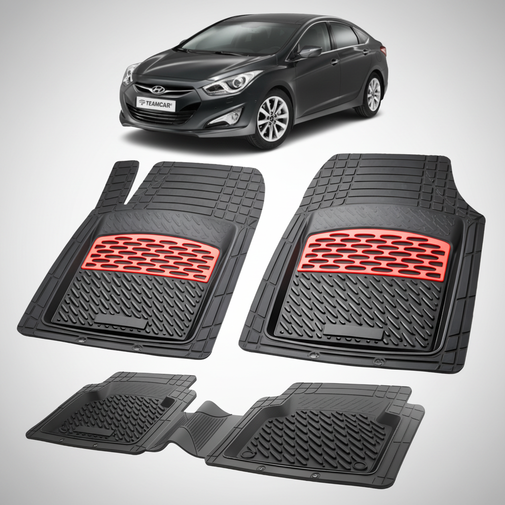 Set of black car floor mats with red accents on a white background, featuring a Hyundai car.