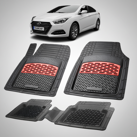 Set of black car floor mats with red accents on a white background, featuring a white car.