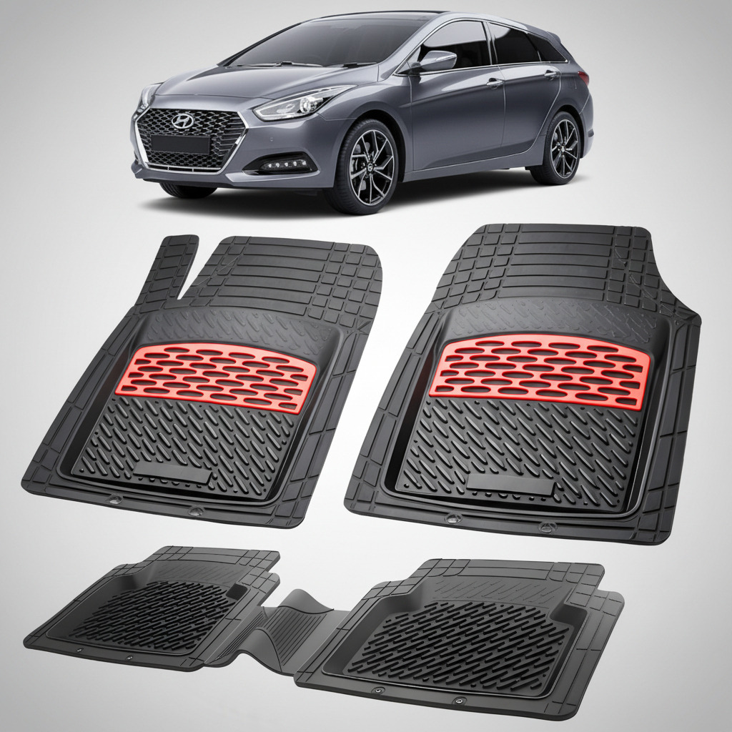 Set of black car floor mats with red accents on a white background, featuring a Hyundai car.