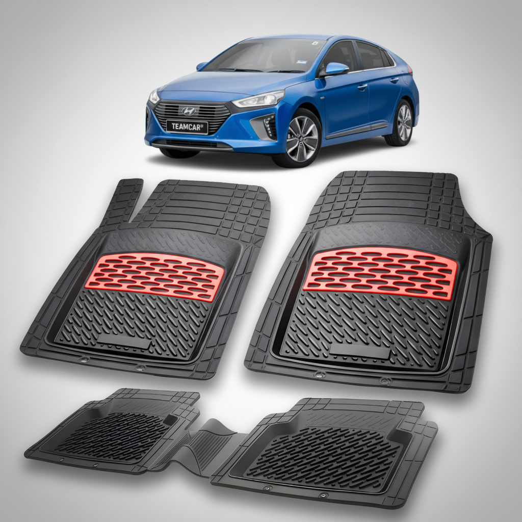 Set of black car floor mats with red accents on a white background, featuring a blue car at the top.