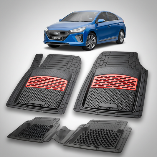 Set of black car floor mats with red accents on a white background, featuring a blue car at the top.