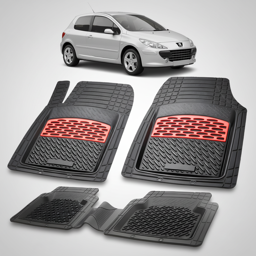 Set of black car floor mats with red accents on a white background, featuring a silver car.
