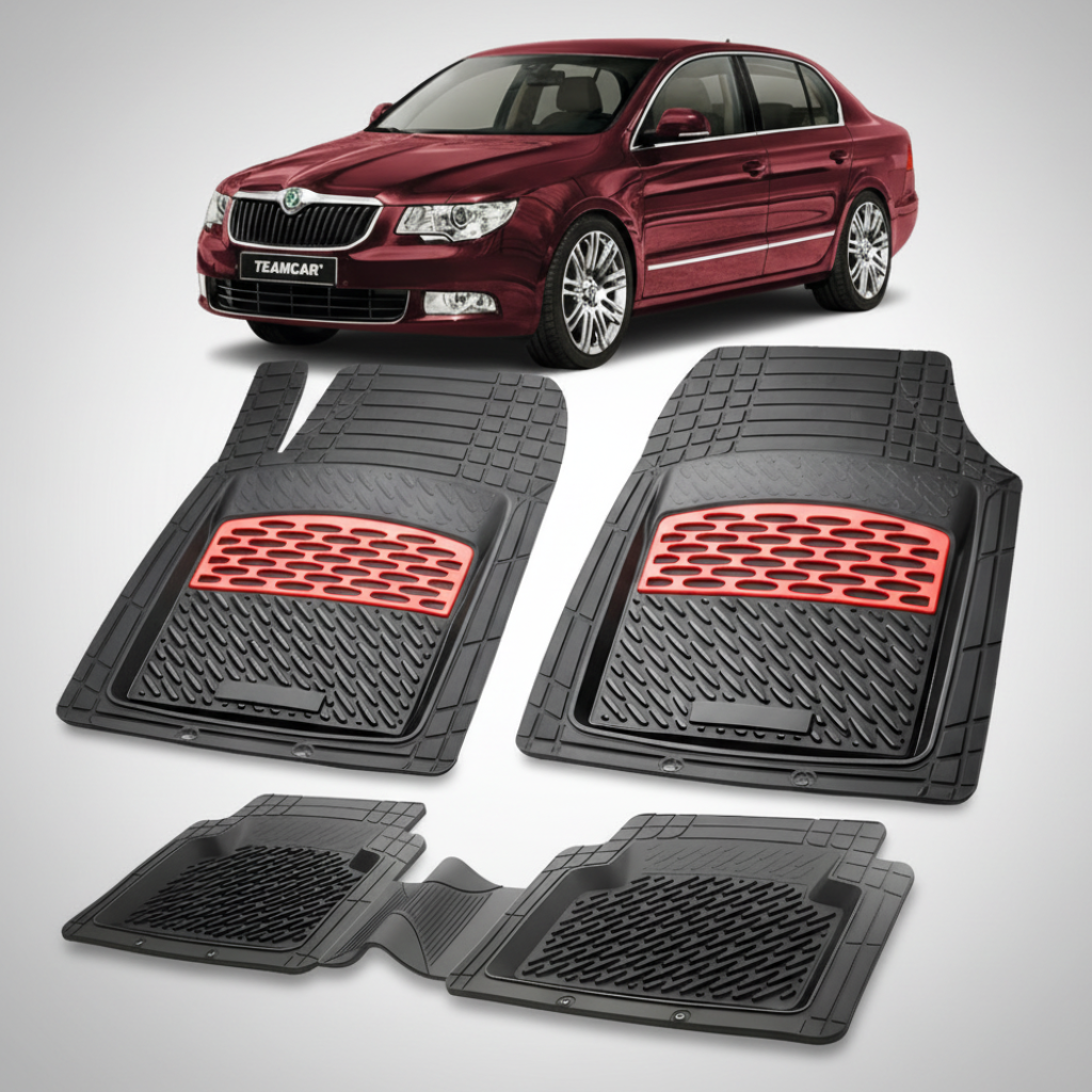 Set of black car floor mats with red accents on a white background, featuring a maroon car.