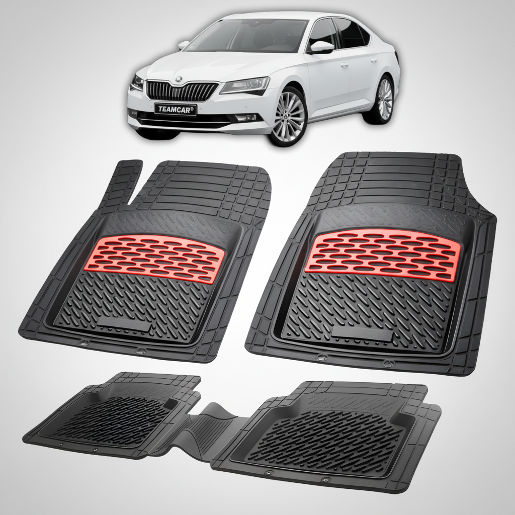 Set of black car floor mats with red accents on a white background, featuring a white Skoda car at the top.