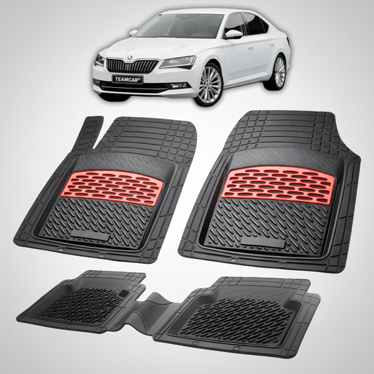 Set of black car floor mats with red accents on a white background, featuring a white Skoda car at the top.