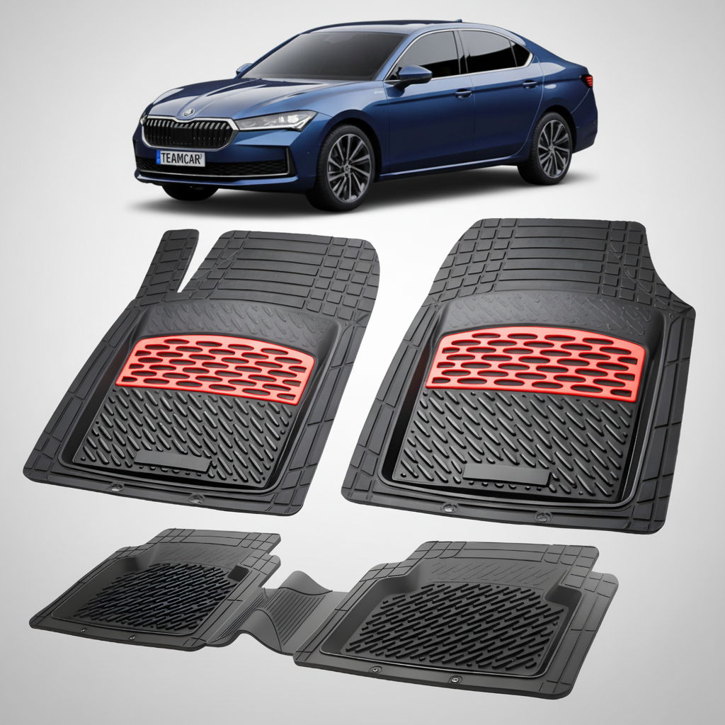 Set of black car floor mats with red accents on a white background, featuring a blue car at the top.