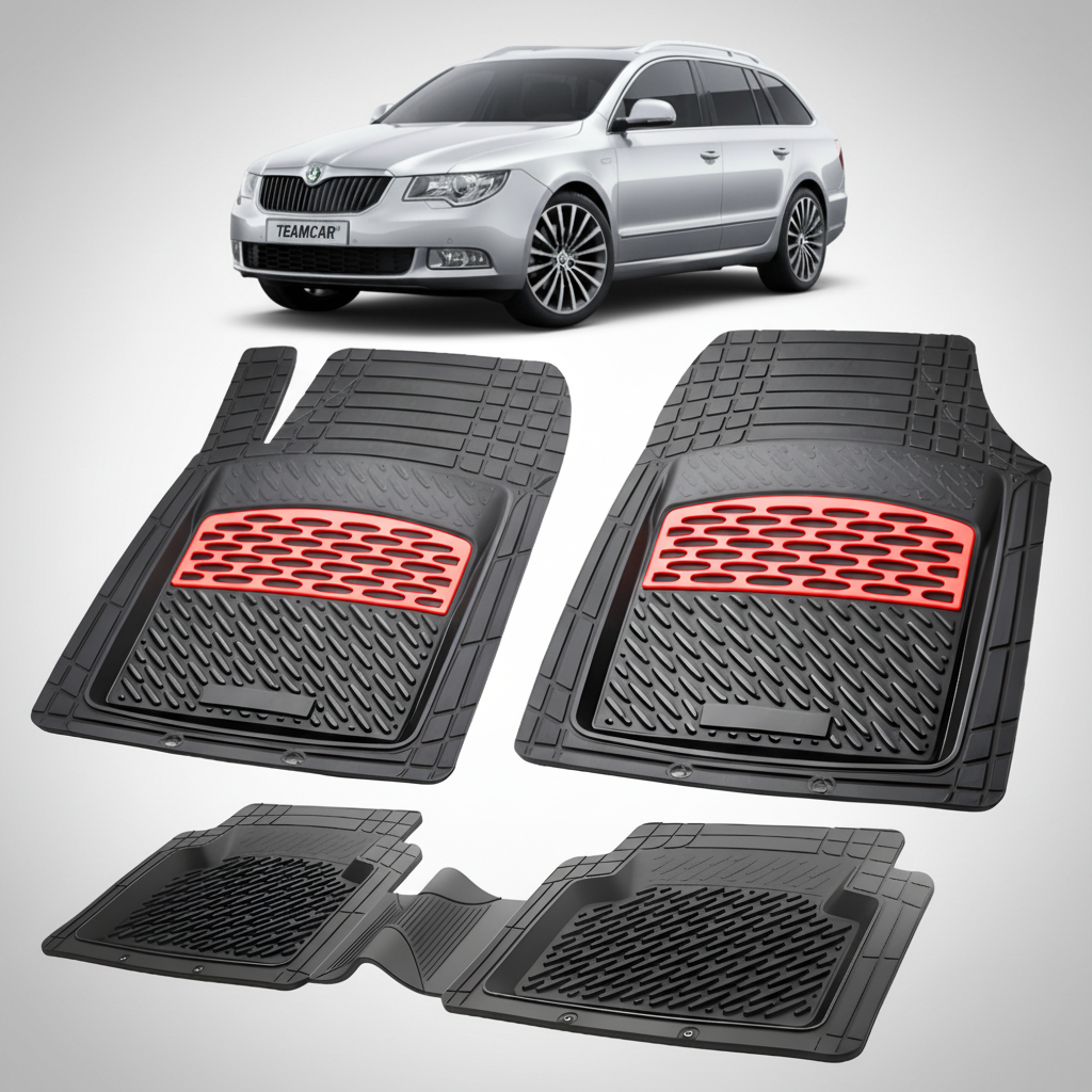 Set of black car floor mats with red accents on a white background, featuring a Skoda car.